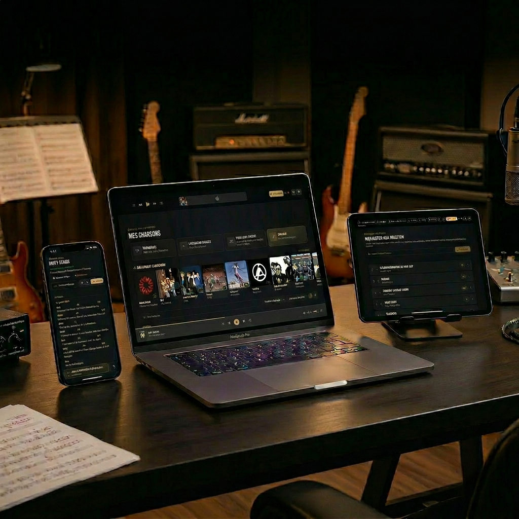 ChordBox sur ordinateur, tablette et téléphone dans un studio